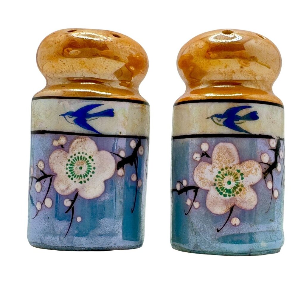 Japan Vintage Ceramic Salt & Pepper Lustreware Shakers Floral & Bird Design